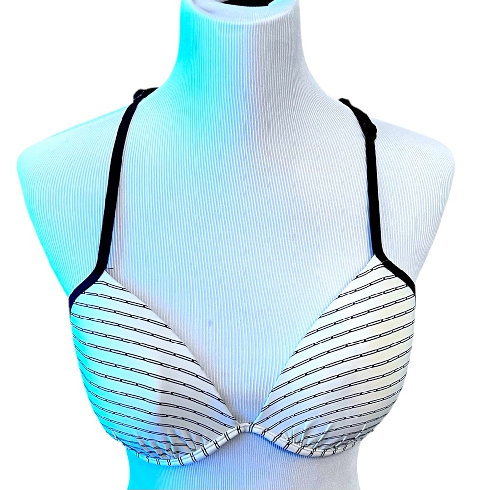 Skye Swim Suite Bikini Top with Cross Back White and Black pin striped Size L
